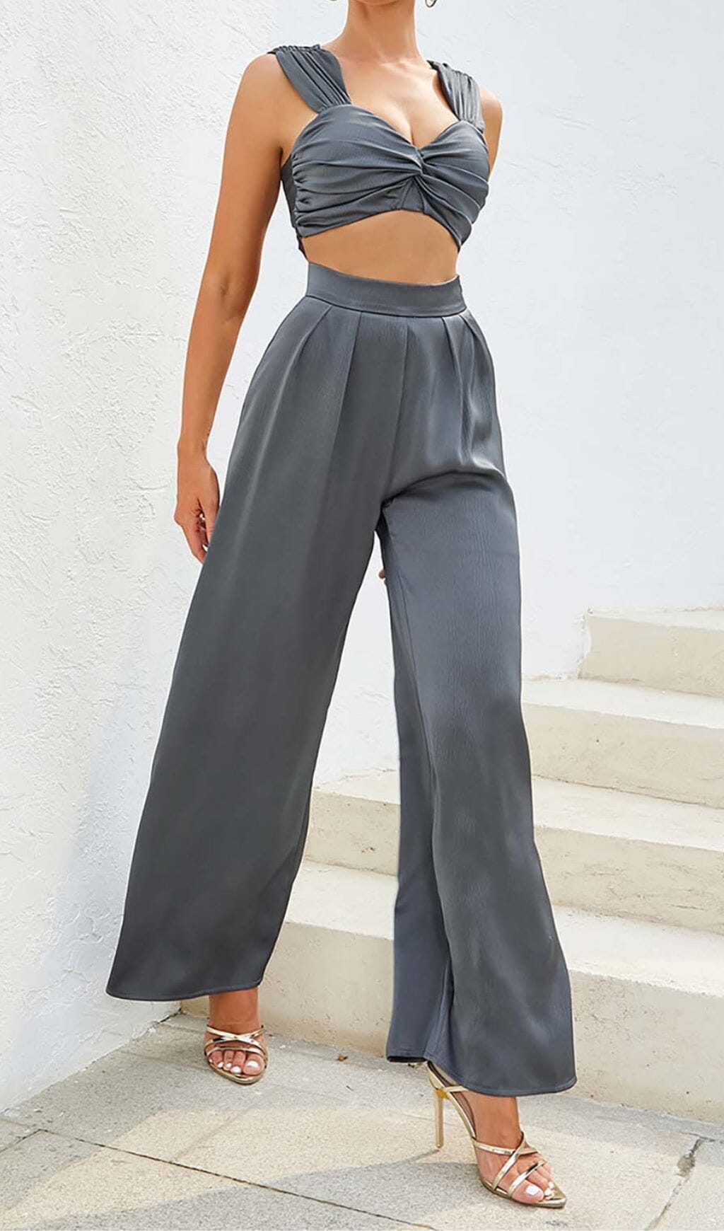 Flowering Girl Women Plunge Satin Two-Piece Suit In Gray