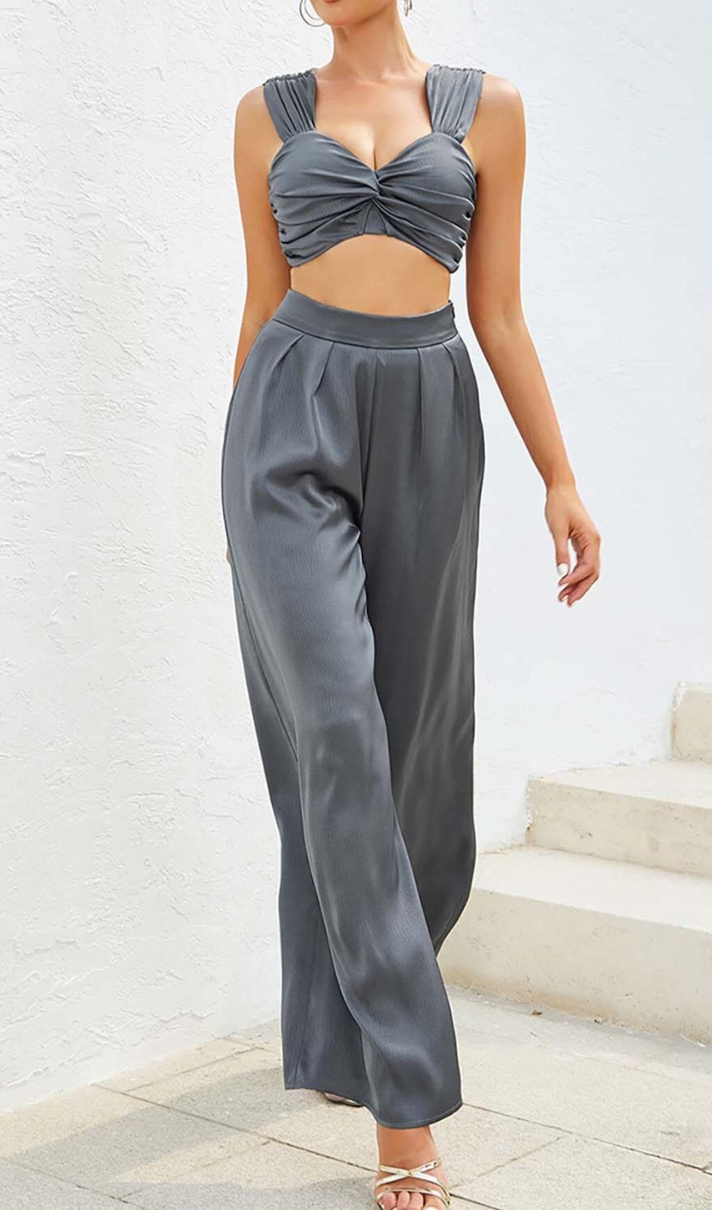 Flowering Girl Women Plunge Satin Two-Piece Suit In Gray