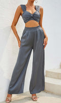 Flowering Girl Women Plunge Satin Two-Piece Suit In Gray