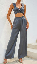 Flowering Girl Women Plunge Satin Two-Piece Suit In Gray