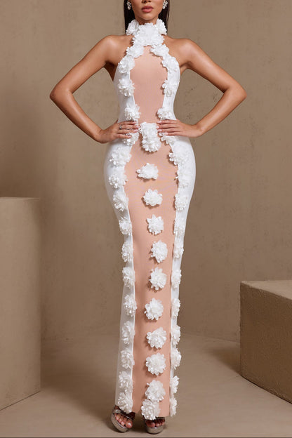 jennifer white Halter Neck 3D Flowers Bandage Maxi Dress