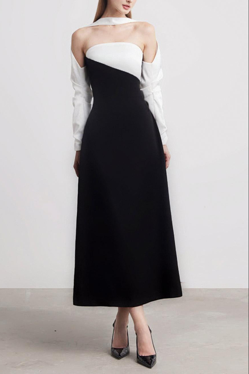 A-Line Long Sleeved Silk Taffeta Midi Dress