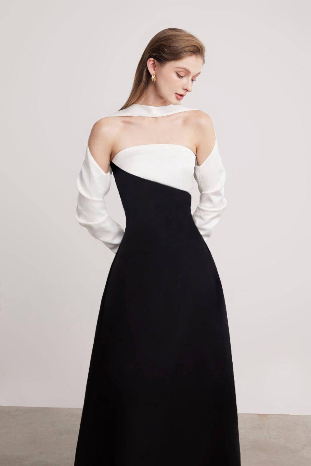 A-Line Long Sleeved Silk Taffeta Midi Dress