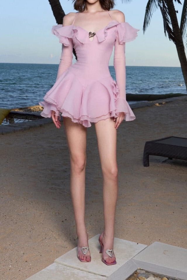 Flowering Girl Women Ruffled Halter Mini Dress In Pink