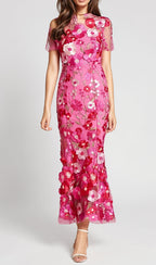 Flowering Girl Women CAROL ROSE RED FLORAL EMBROIDERY MESH FISHTAIL MIDI DRESS