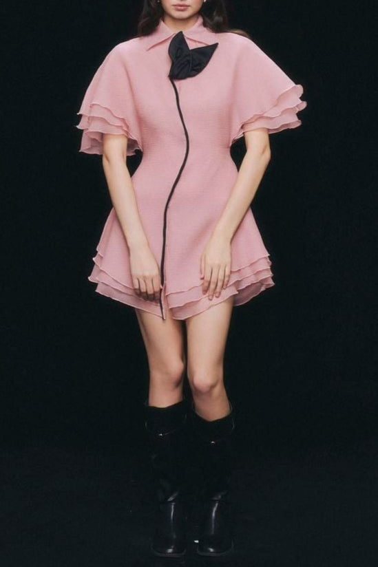 Flowering Girl Women Layer Trim Chiffon Shirt Mini Dress In Pink