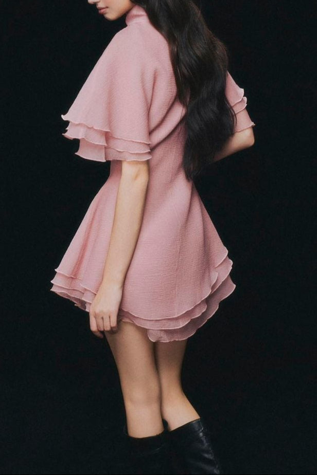 Flowering Girl Women Layer Trim Chiffon Shirt Mini Dress In Pink
