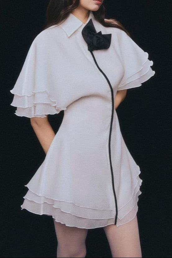 Flowering Girl Women Layer Trim Chiffon Shirt Mini Dress In White