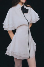 Flowering Girl Women Layer Trim Chiffon Shirt Mini Dress In White