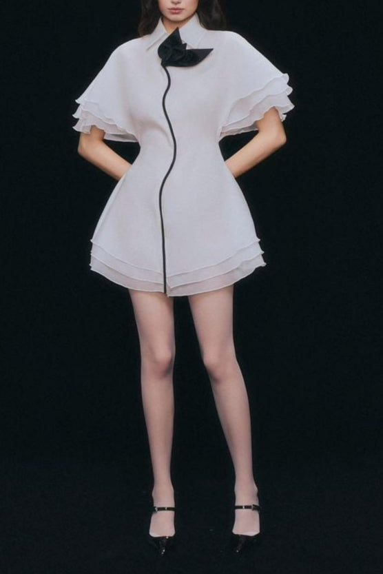 Flowering Girl Women Layer Trim Chiffon Shirt Mini Dress In White