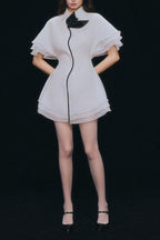 Flowering Girl Women Layer Trim Chiffon Shirt Mini Dress In White