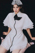 Flowering Girl Women Layer Trim Chiffon Shirt Mini Dress In White