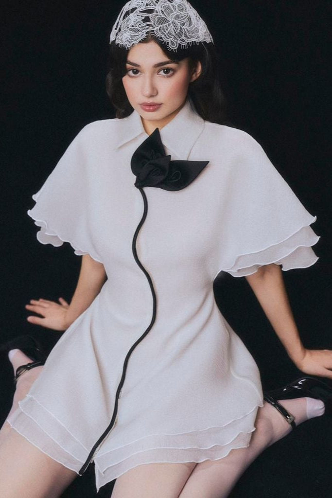 Flowering Girl Women Layer Trim Chiffon Shirt Mini Dress In White
