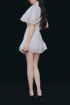 Flowering Girl Women Layer Trim Chiffon Shirt Mini Dress In White