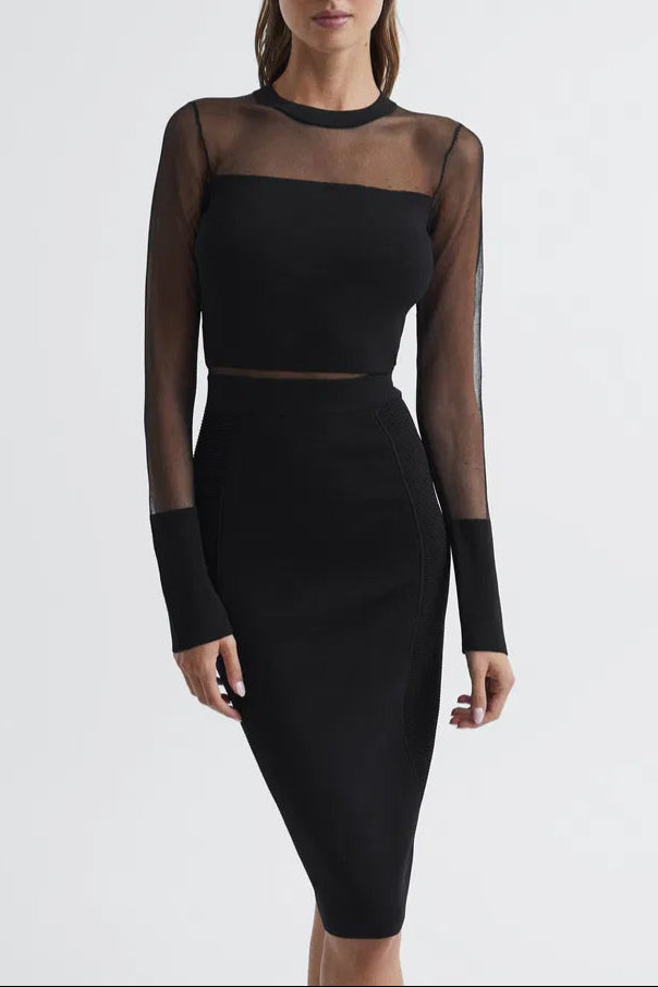 Flowering Girl Women Lyla Knitted Sheer Sleeve Midi Dress In Black