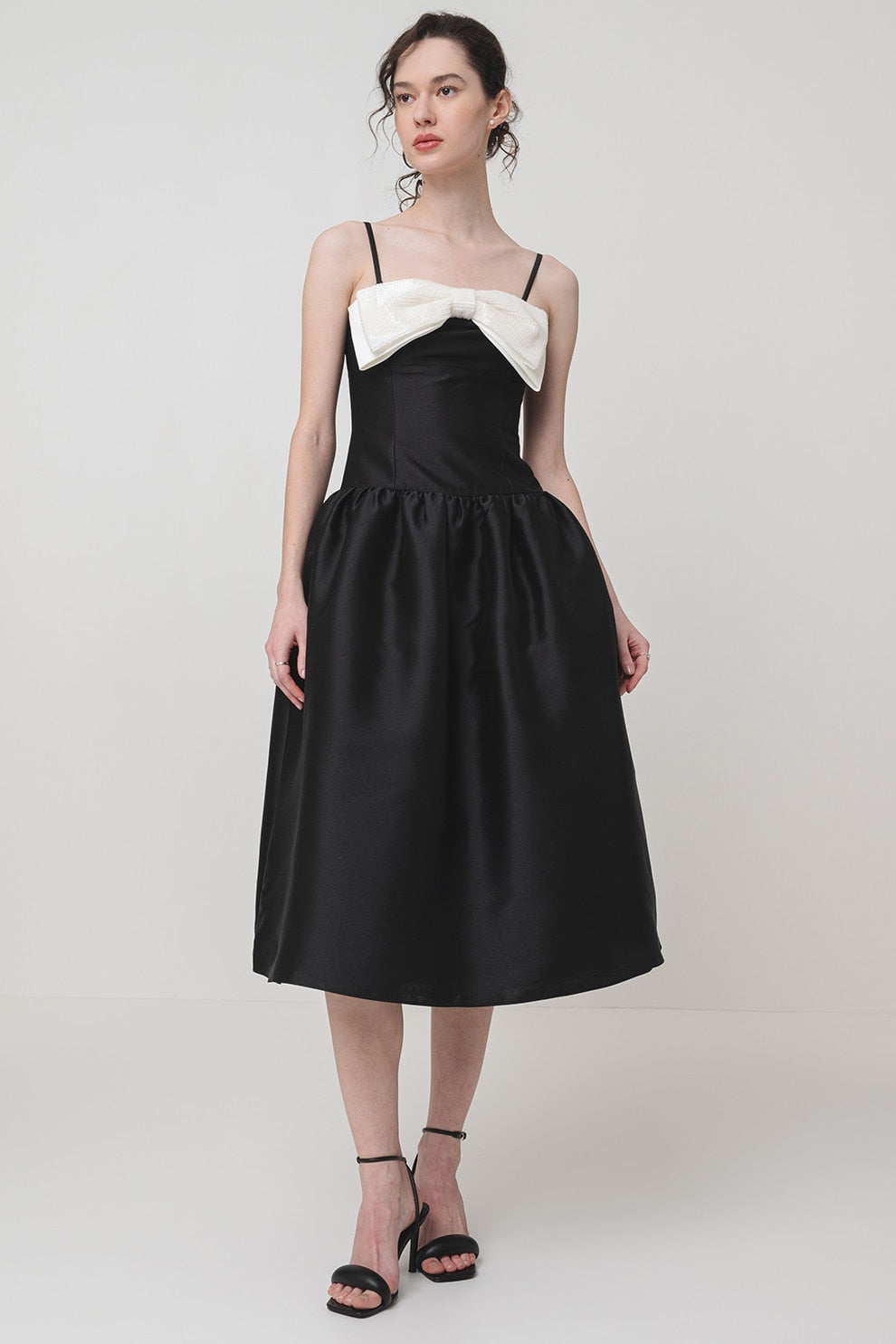 Flowering Girl Women Bow-Detail Taffeta Midi Dress in black