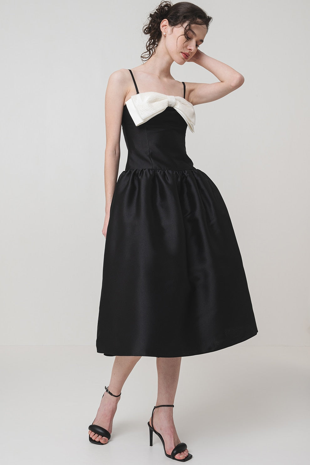 Flowering Girl Women Bow-Detail Taffeta Midi Dress in black