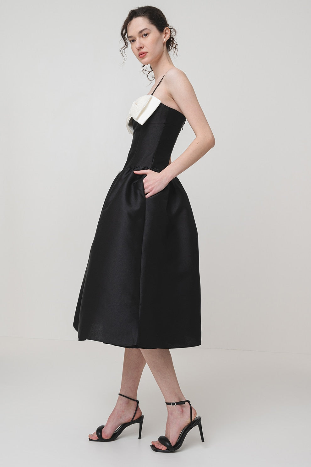 Flowering Girl Women Bow-Detail Taffeta Midi Dress in black