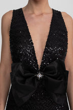 Flowering Girl Women Sequin Maxi Dress With Satin Bow Detail - Black