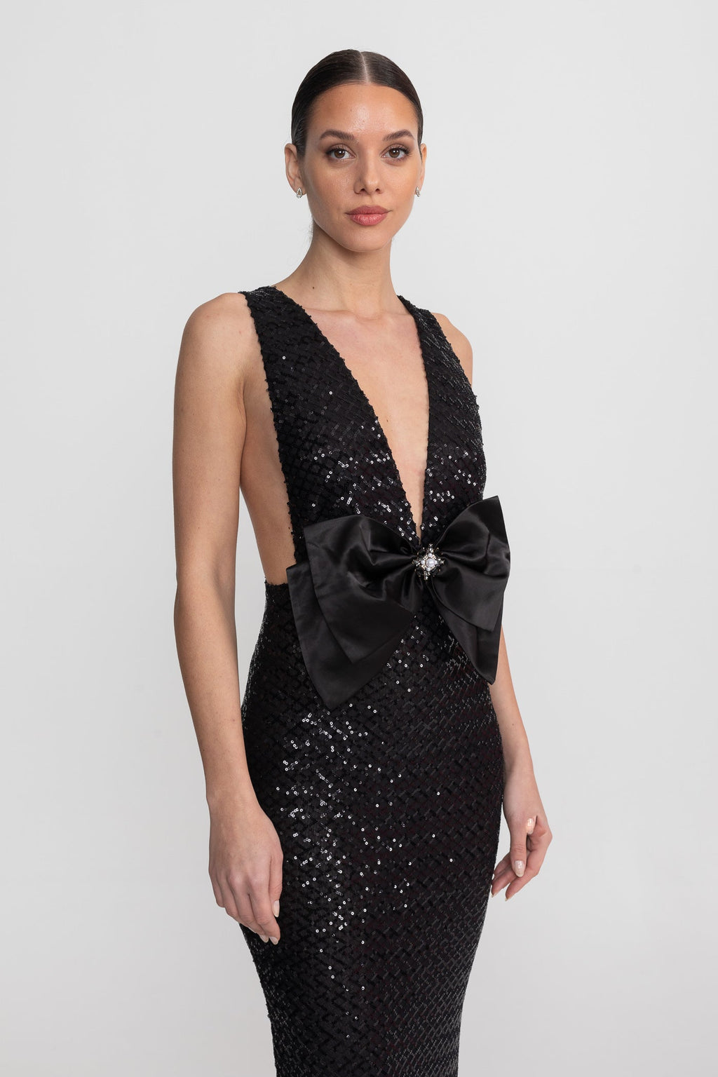 Flowering Girl Women Sequin Maxi Dress With Satin Bow Detail - Black