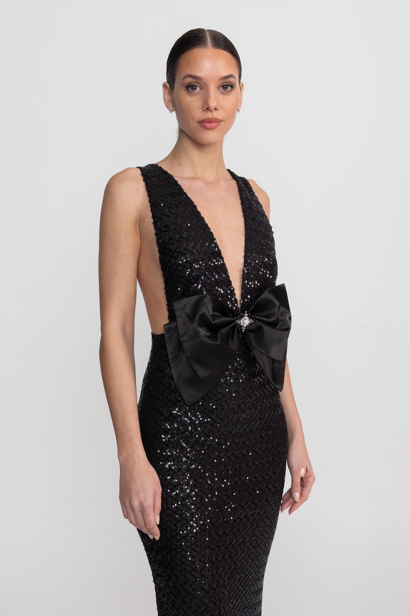 Flowering Girl Women Sequin Maxi Dress With Satin Bow Detail - Black