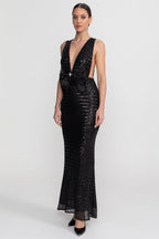Flowering Girl Women Sequin Maxi Dress With Satin Bow Detail - Black