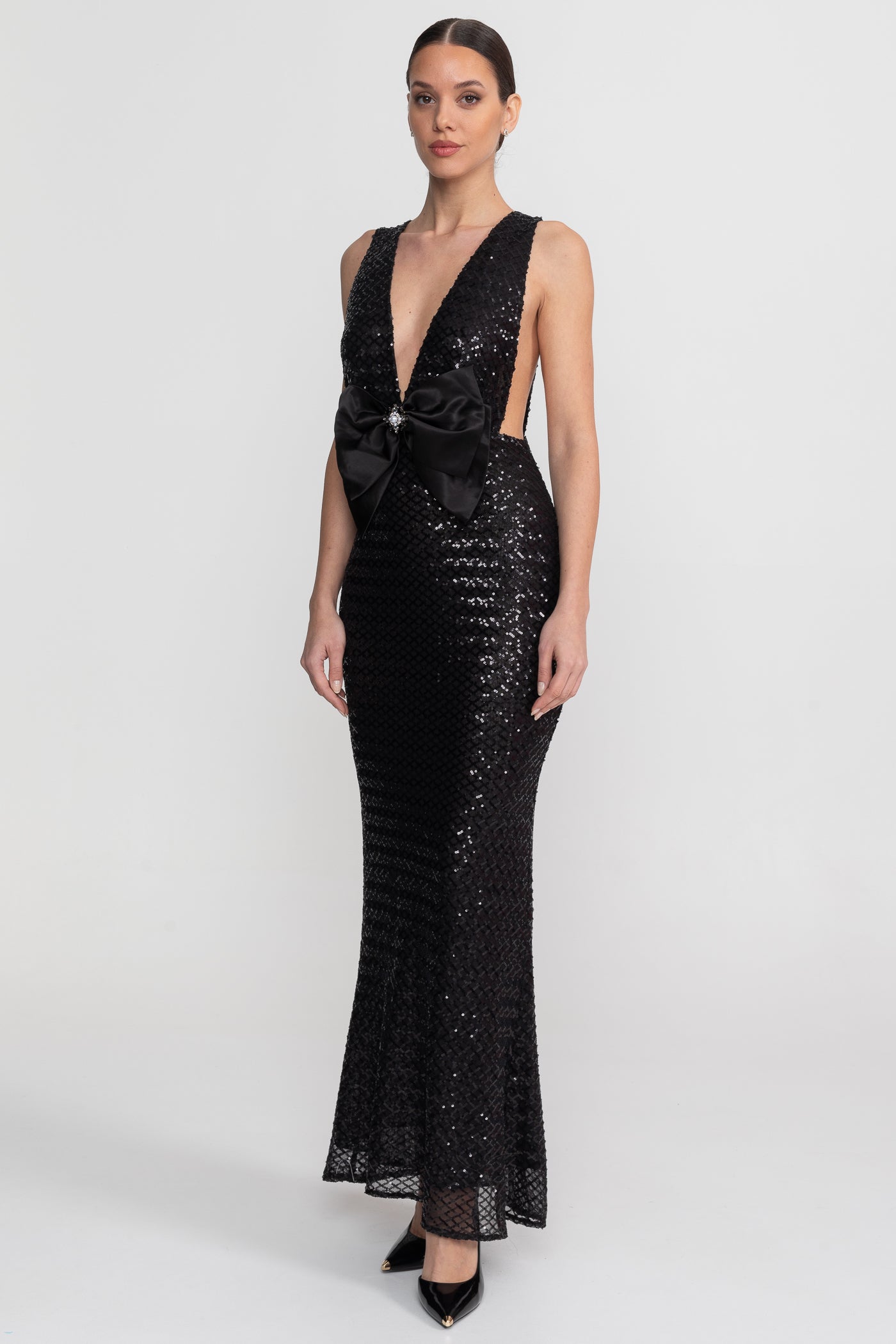 Flowering Girl Women Sequin Maxi Dress With Satin Bow Detail - Black