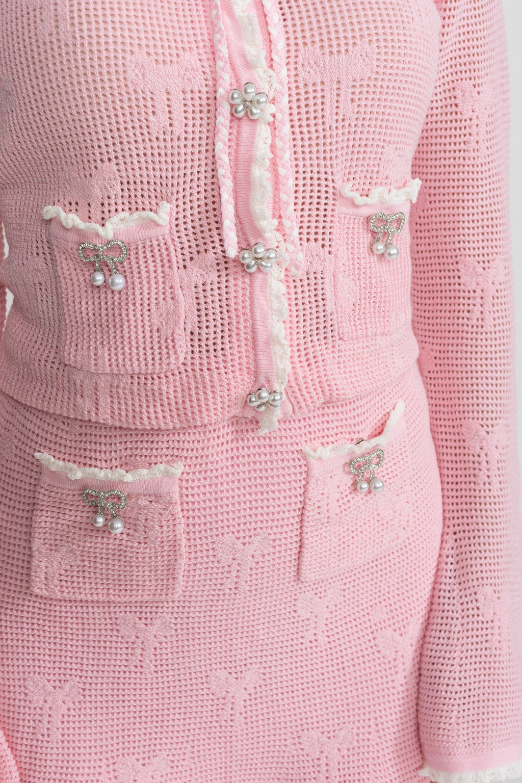 joanna Knit Co-ord Set With Pearl & Bow Detailing – Pink