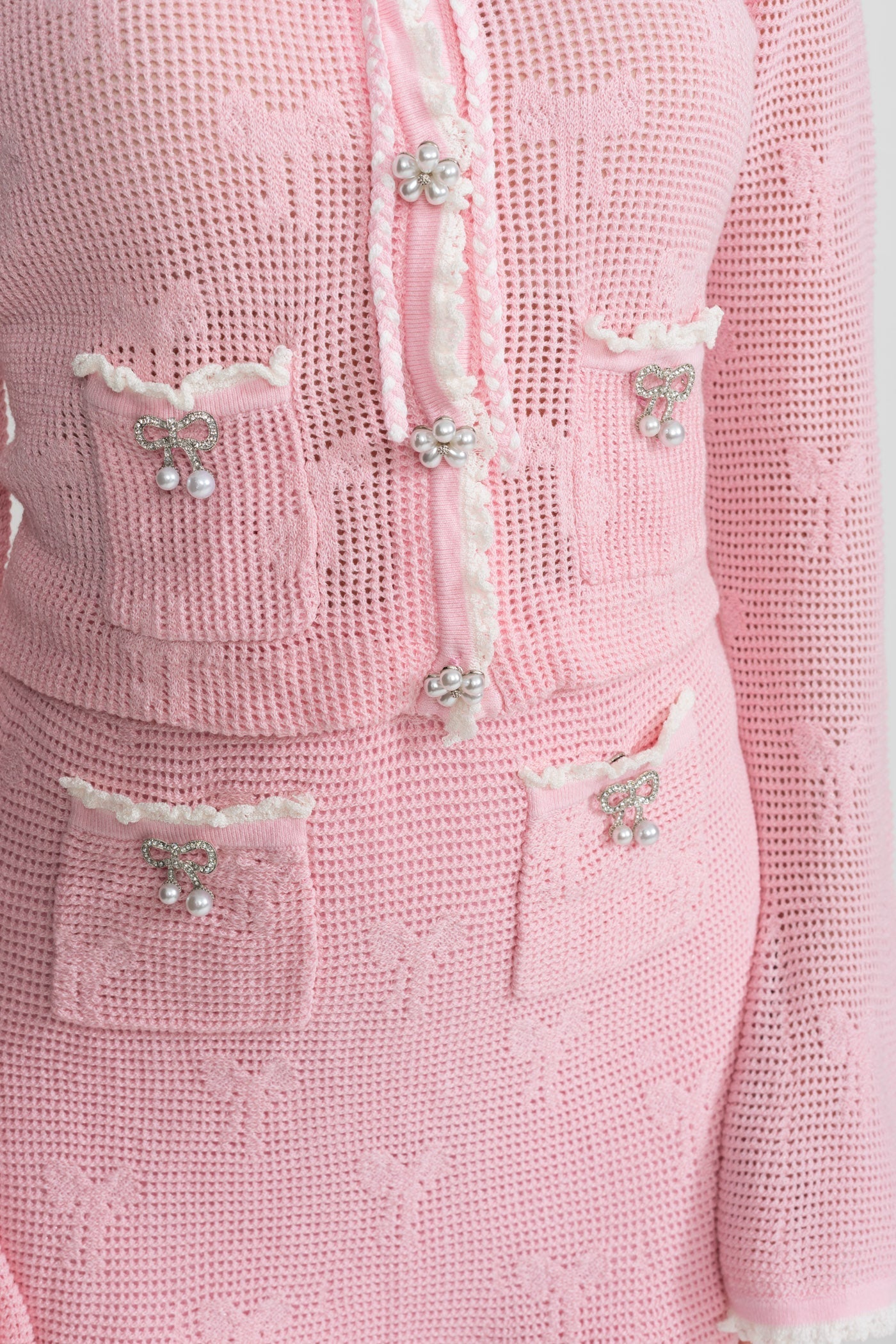 joanna Knit Co-ord Set With Pearl & Bow Detailing – Pink