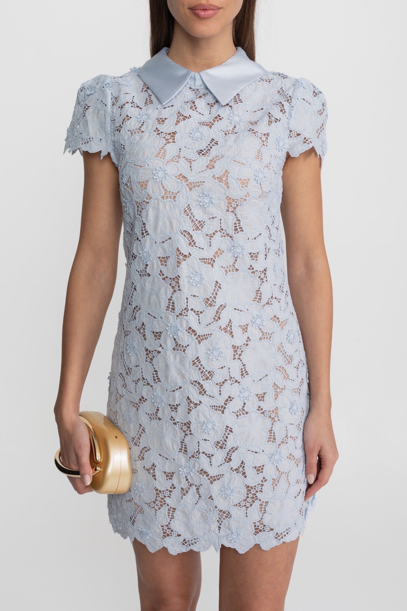 sylvia Light Blue Floral Lace hollow Mini Dress with Satin Collar