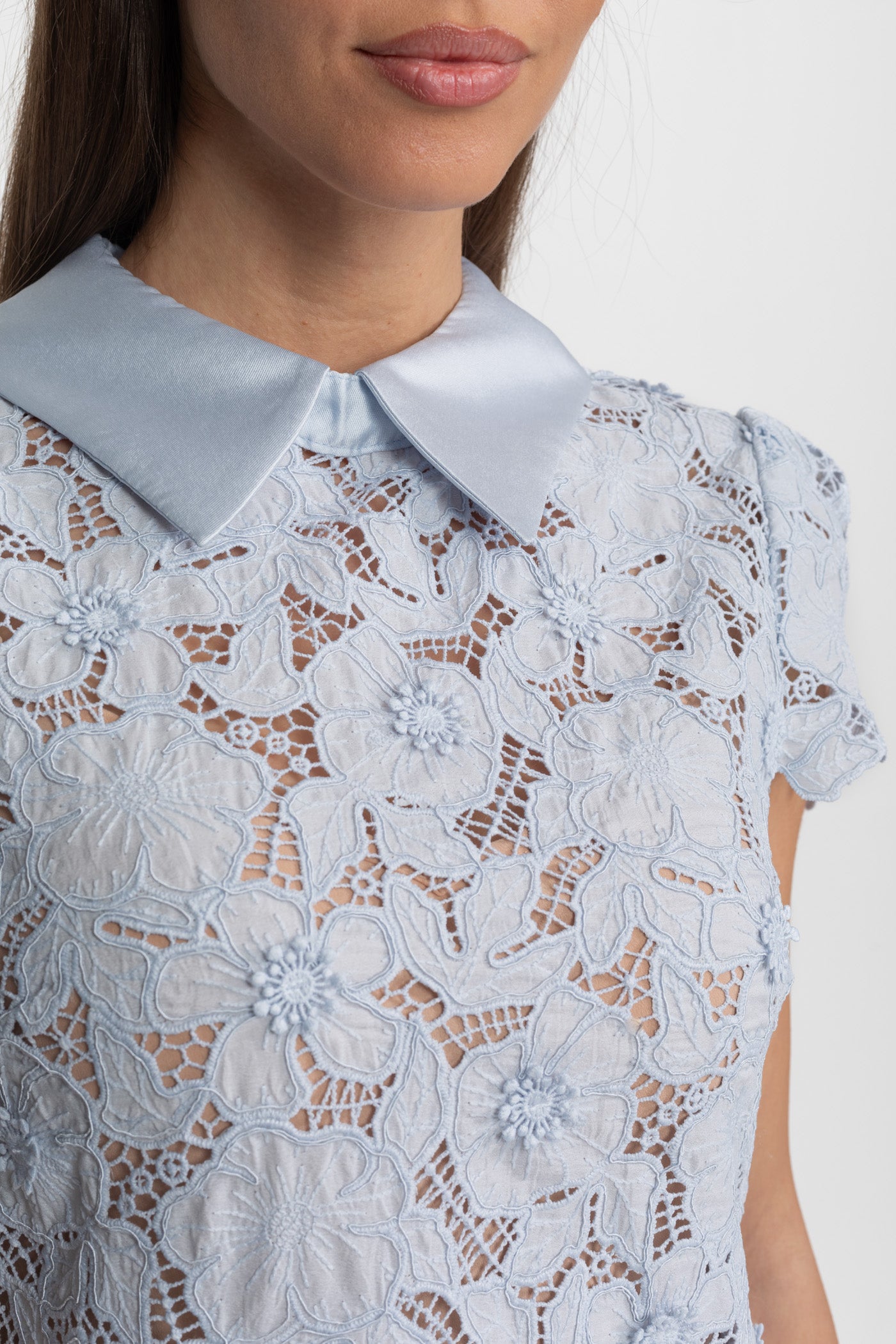 sylvia Light Blue Floral Lace hollow Mini Dress with Satin Collar