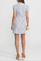 sylvia Light Blue Floral Lace hollow Mini Dress with Satin Collar