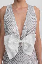 Flowering Girl Women Sequin Maxi Dress With Satin Bow Detail - Light Grey
