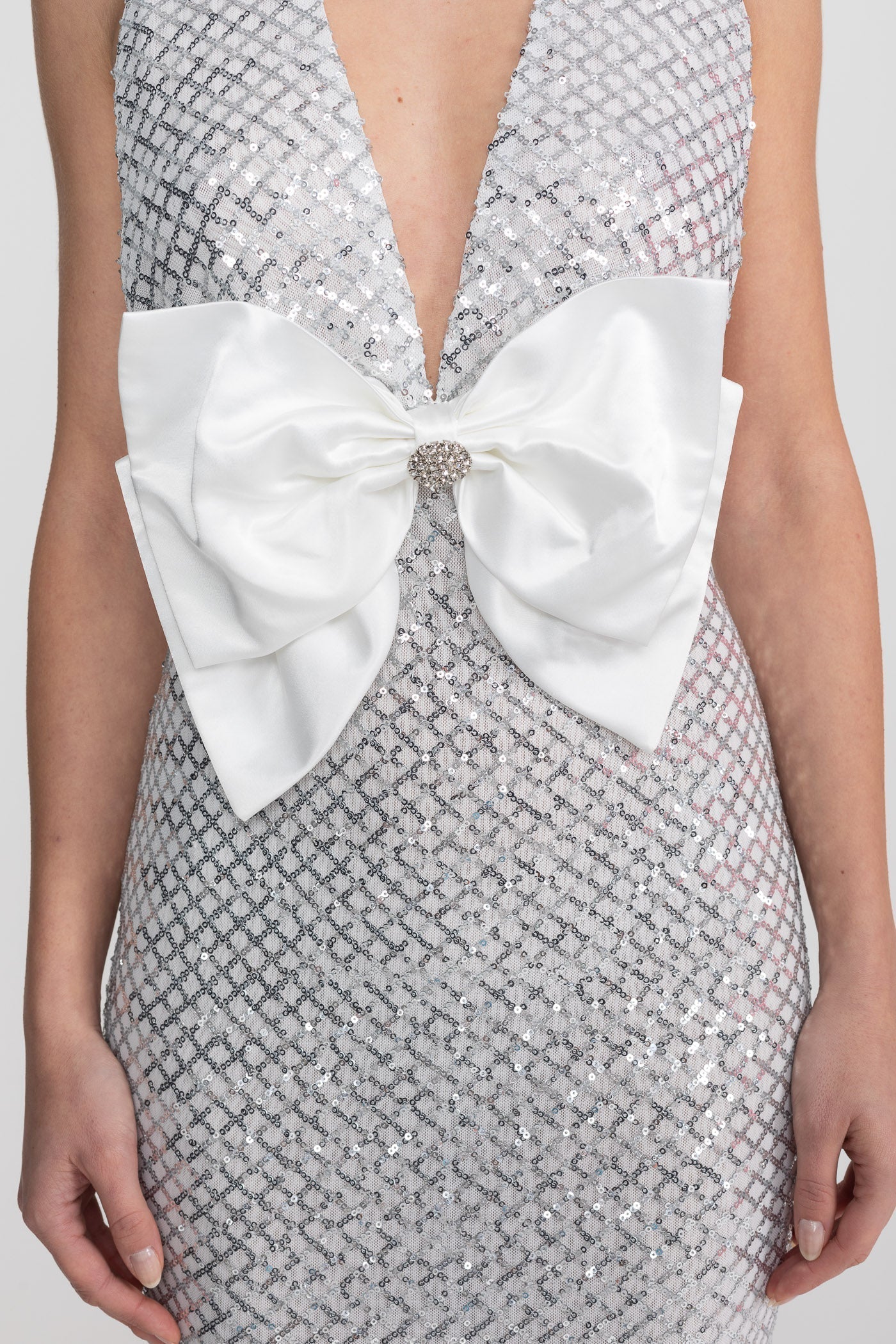 Flowering Girl Women Sequin Maxi Dress With Satin Bow Detail - Light Grey