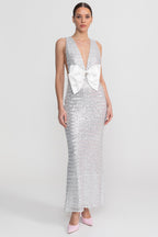 Flowering Girl Women Sequin Maxi Dress With Satin Bow Detail - Light Grey