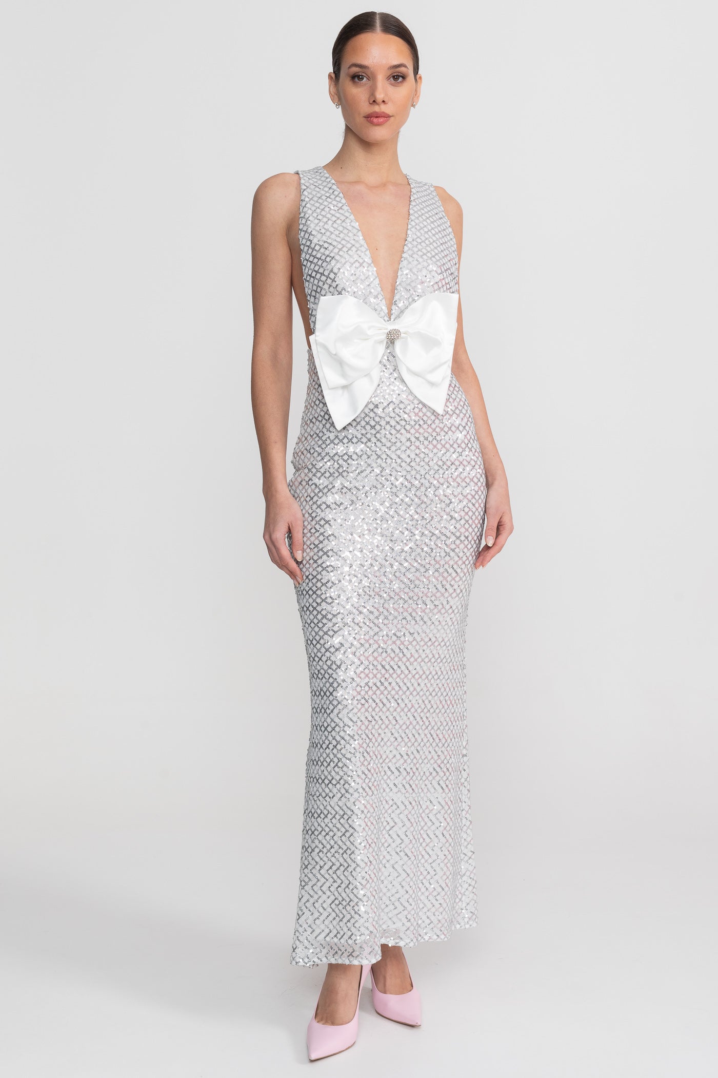 Flowering Girl Women Sequin Maxi Dress With Satin Bow Detail - Light Grey