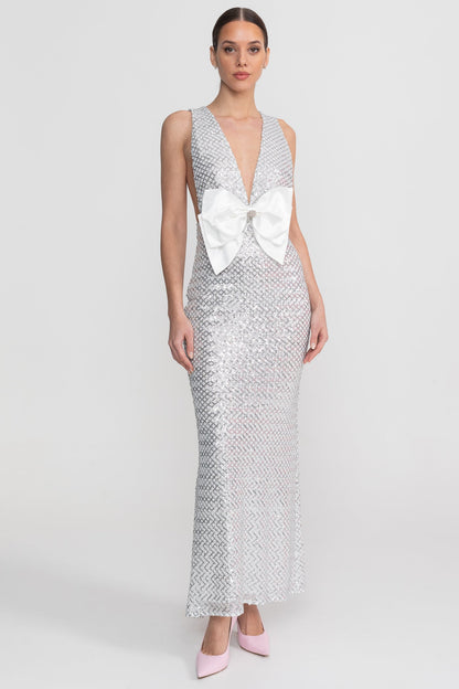 Sequin Maxi Dress With Satin Bow Detail - Light Grey