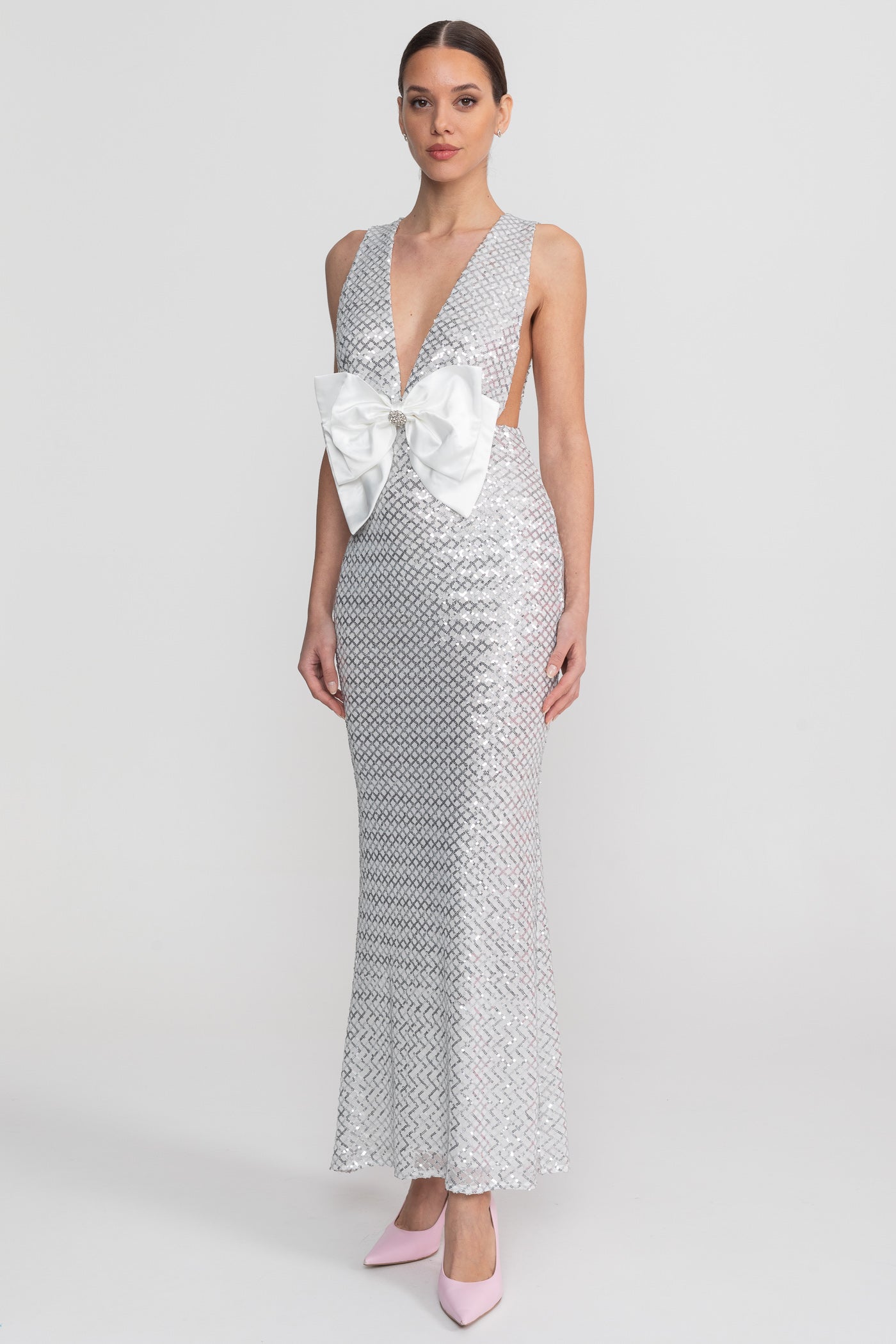 Flowering Girl Women Sequin Maxi Dress With Satin Bow Detail - Light Grey