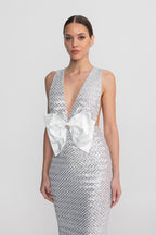 Flowering Girl Women Sequin Maxi Dress With Satin Bow Detail - Light Grey