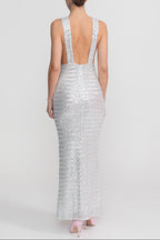 Flowering Girl Women Sequin Maxi Dress With Satin Bow Detail - Light Grey