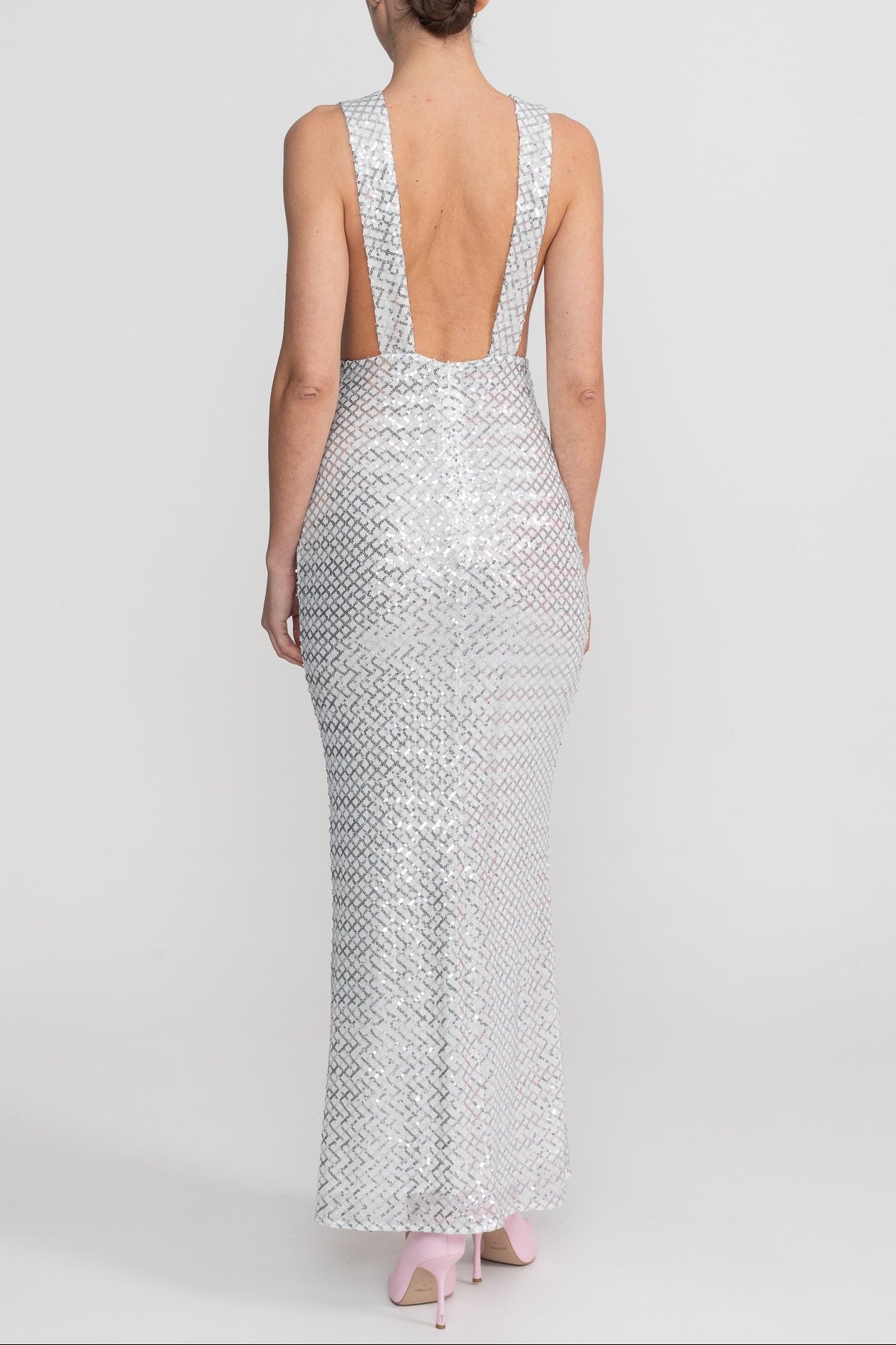 Flowering Girl Women Sequin Maxi Dress With Satin Bow Detail - Light Grey