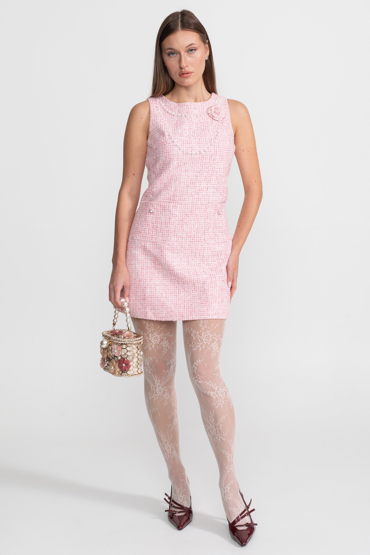 Laurel Pink Flower Sleeveless Tweed Mini Dress With Pearl Trim