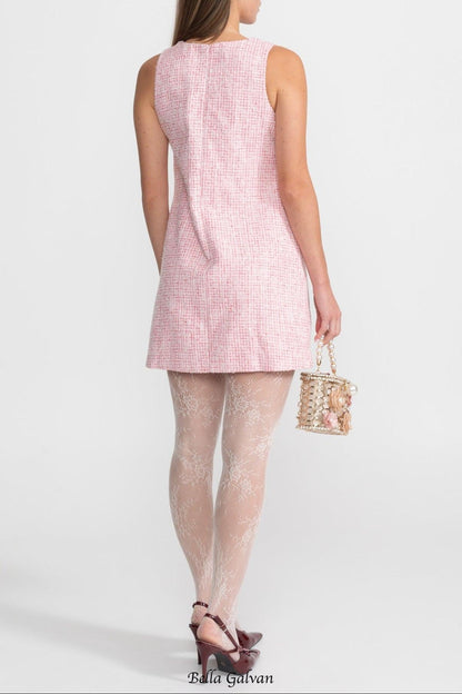 laurel Pink flower Sleeveless Tweed Mini Dress With Pearl Trim