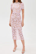 Flowering Girl Women Pink Hollow Lace Pearl Midi Dress