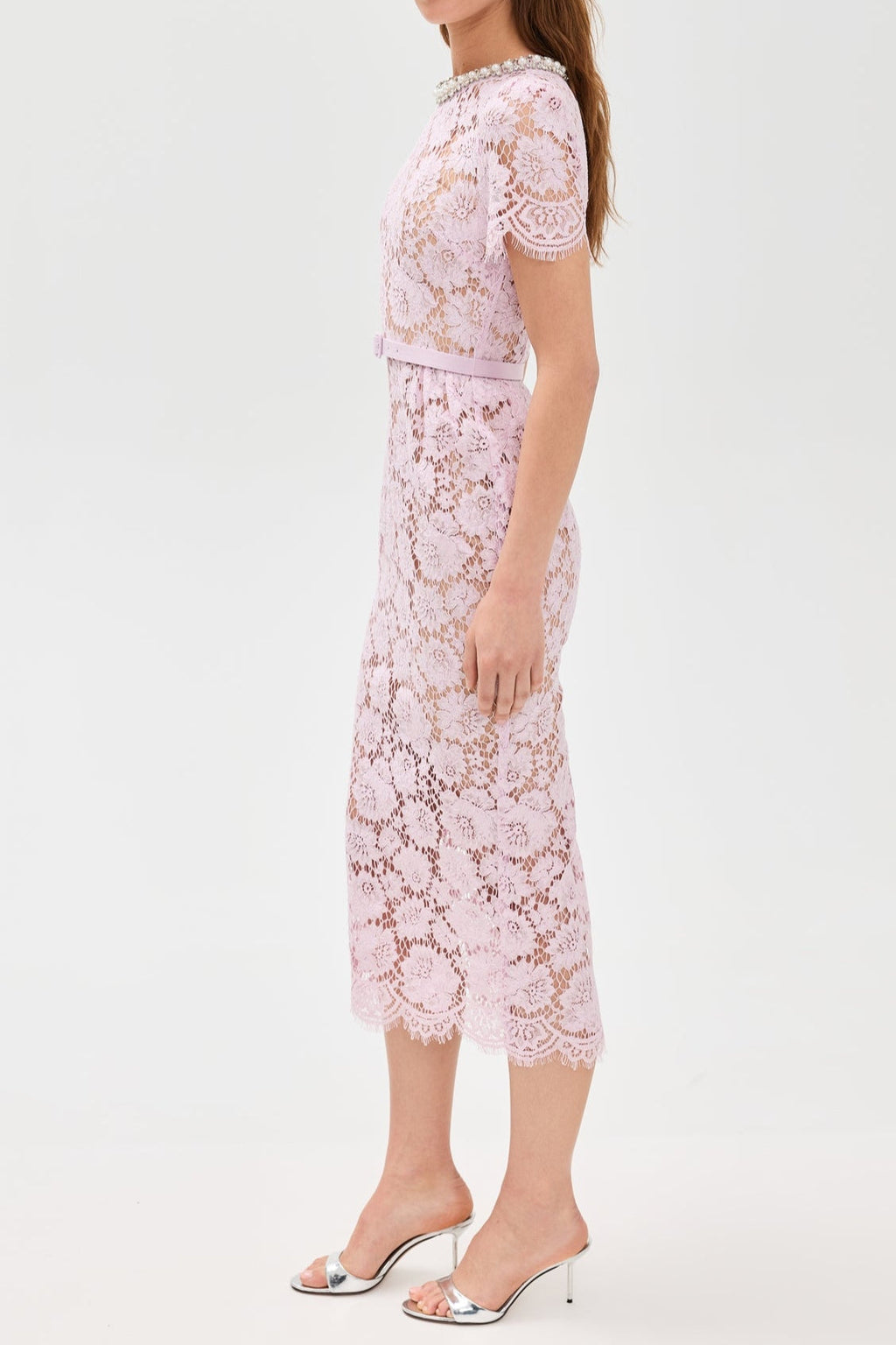 Flowering Girl Women Pink Hollow Lace Pearl Midi Dress