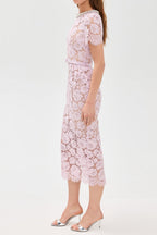 Flowering Girl Women Pink Hollow Lace Pearl Midi Dress