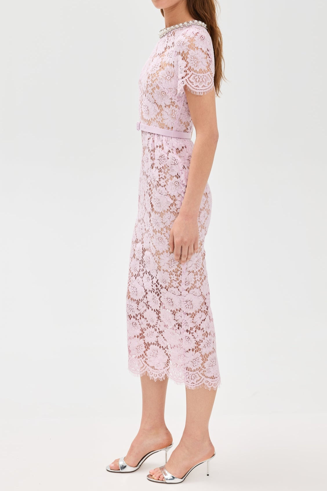Flowering Girl Women Pink Hollow Lace Pearl Midi Dress