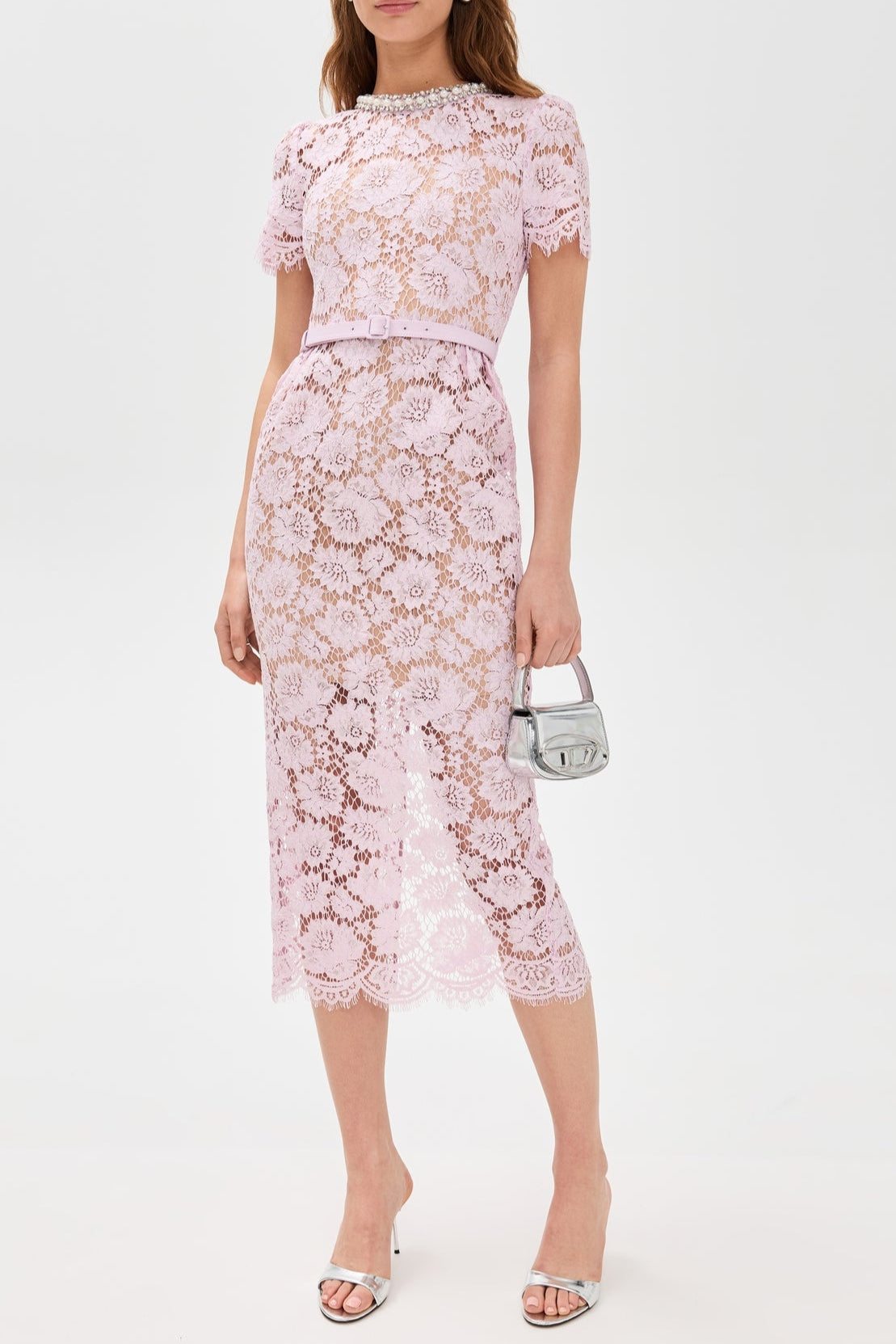 Flowering Girl Women Pink Hollow Lace Pearl Midi Dress