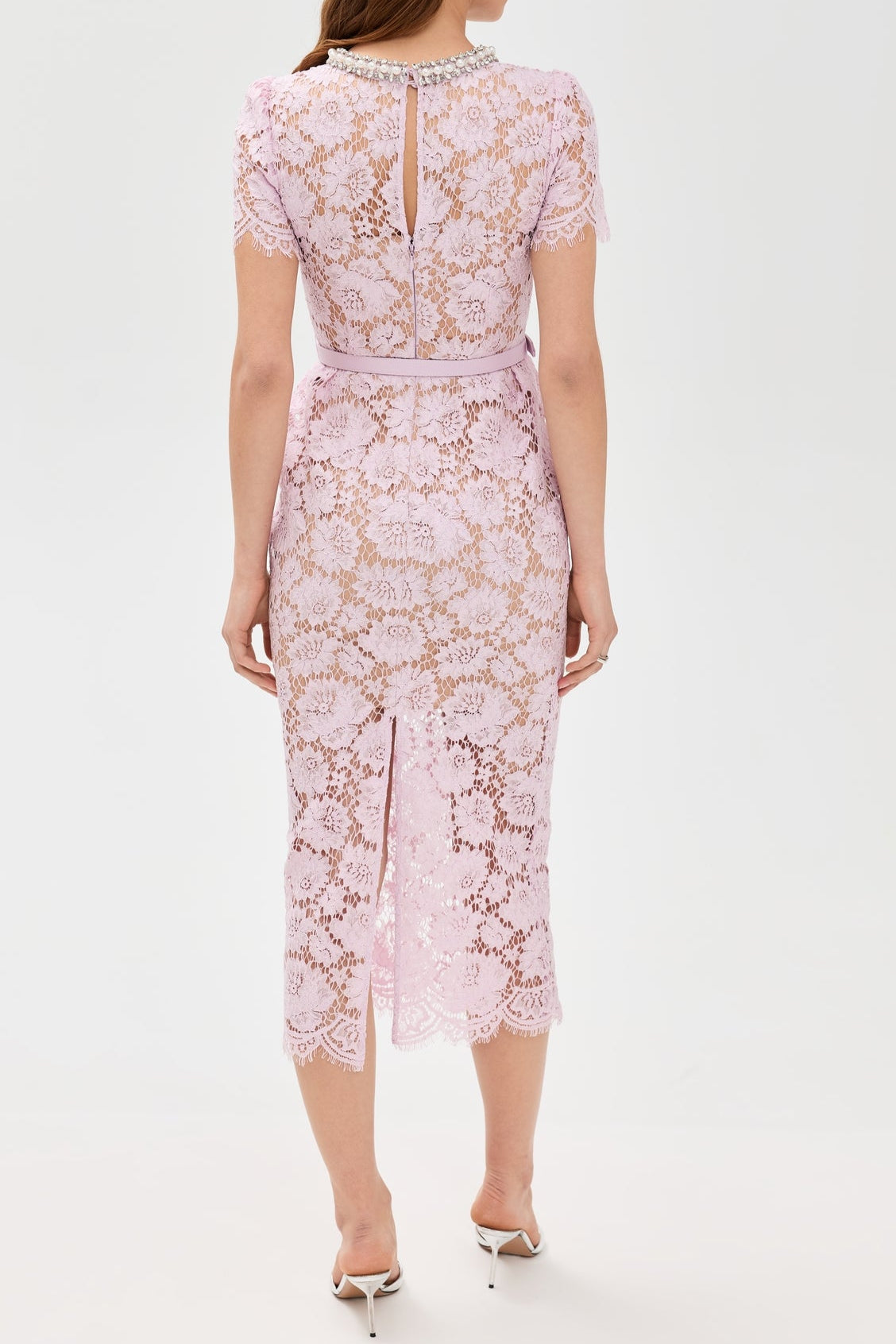Flowering Girl Women Pink Hollow Lace Pearl Midi Dress
