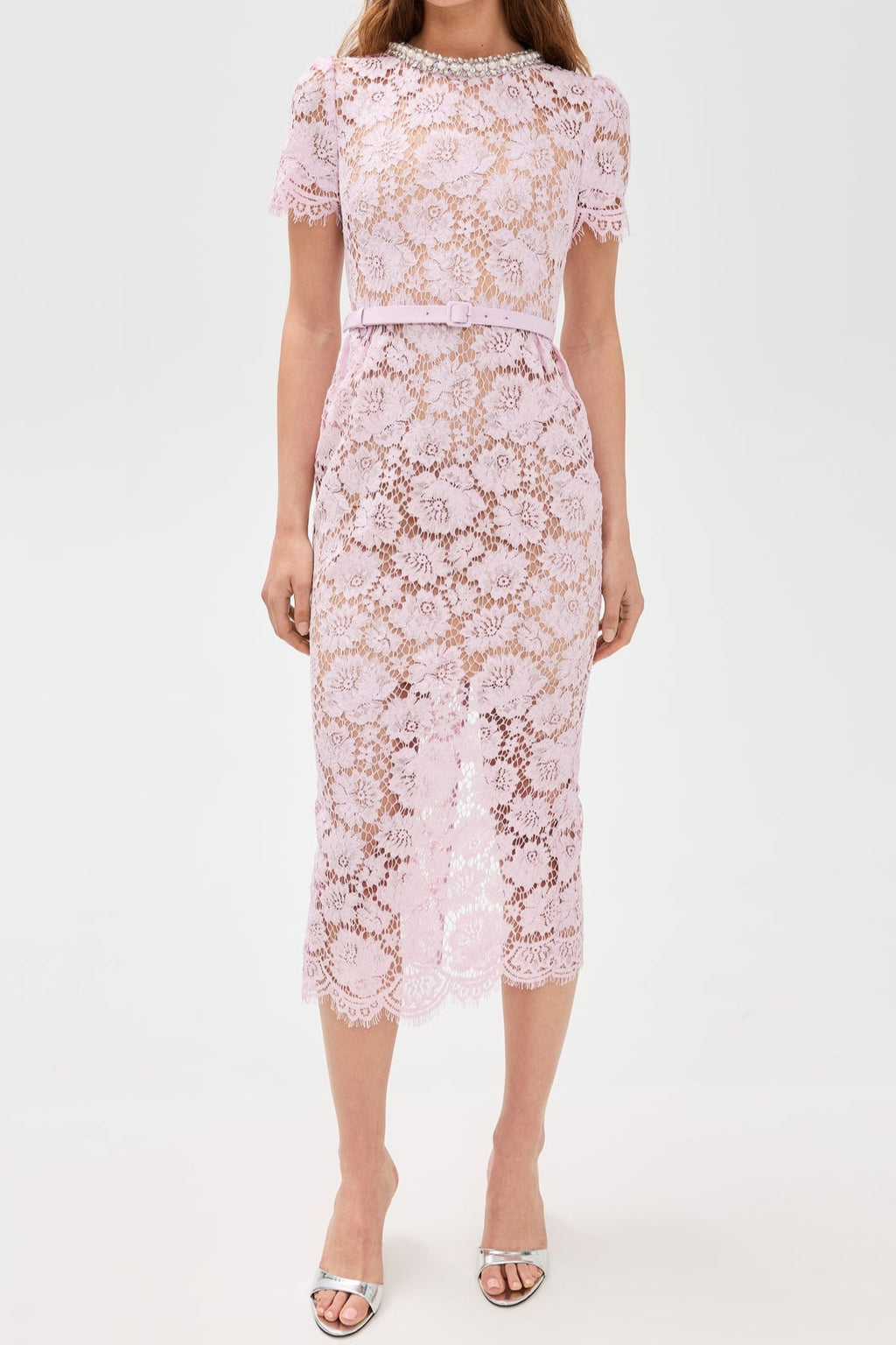 Flowering Girl Women Pink Hollow Lace Pearl Midi Dress